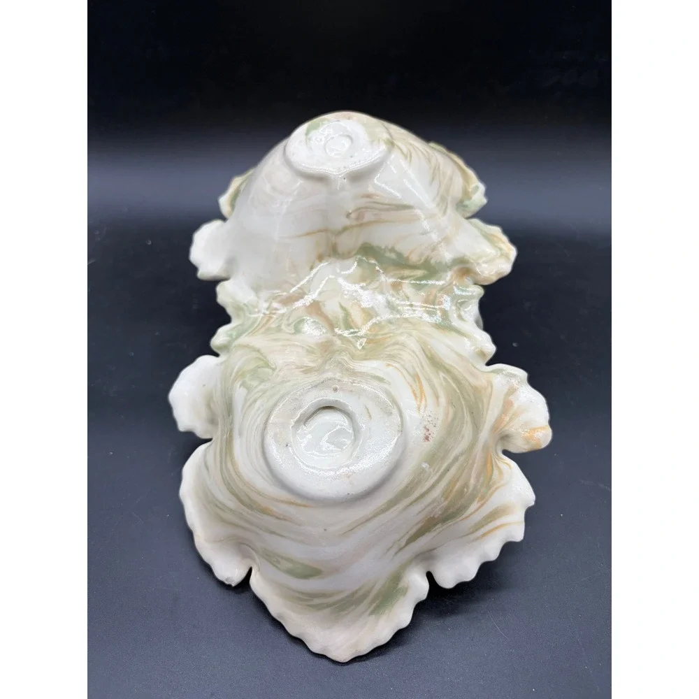 Vintage Marbled Ceramic Double Leaf Serving Dish with Handle Green Peach Cream‎
